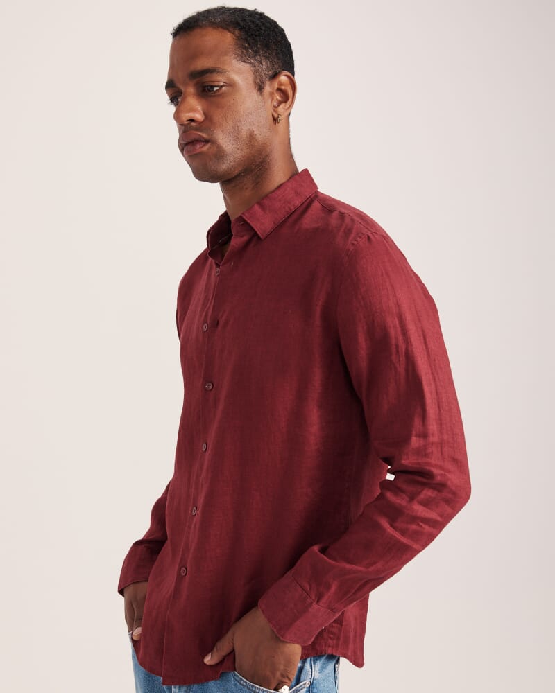 Anderson Long Sleeve Classic Linen Shirt in SANGRIA