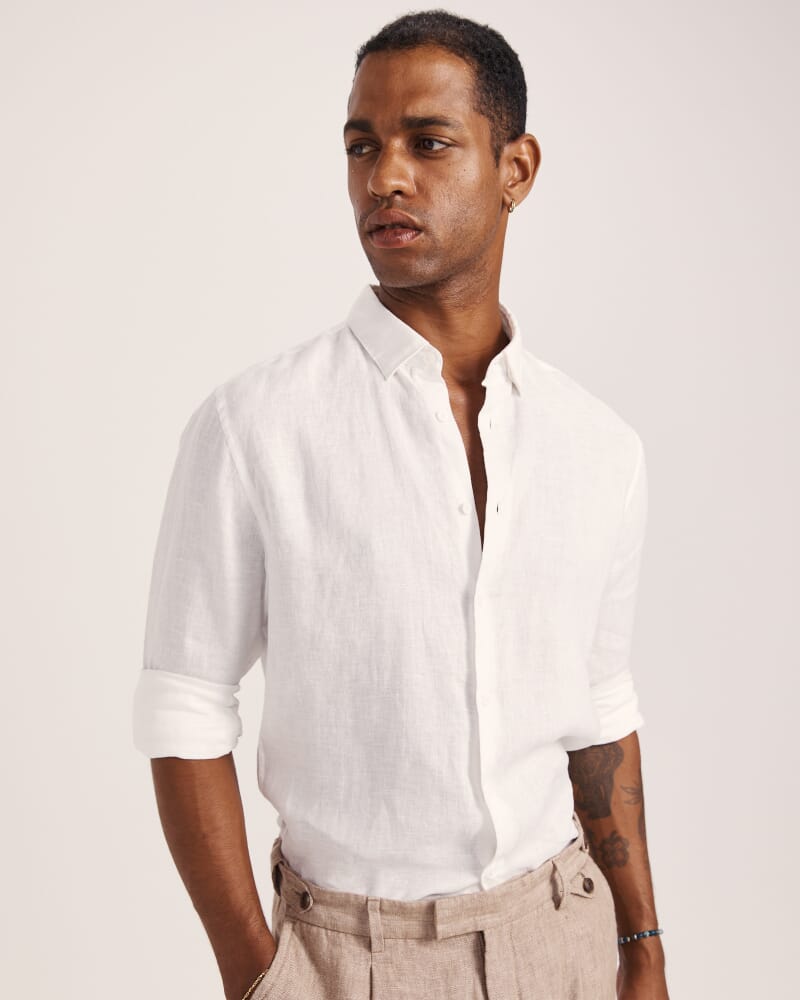 Anderson Long Sleeve Classic Linen Shirt in WHITE