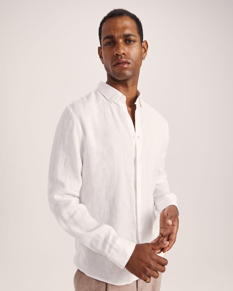 Anderson Long Sleeve Classic Linen Shirt in WHITE