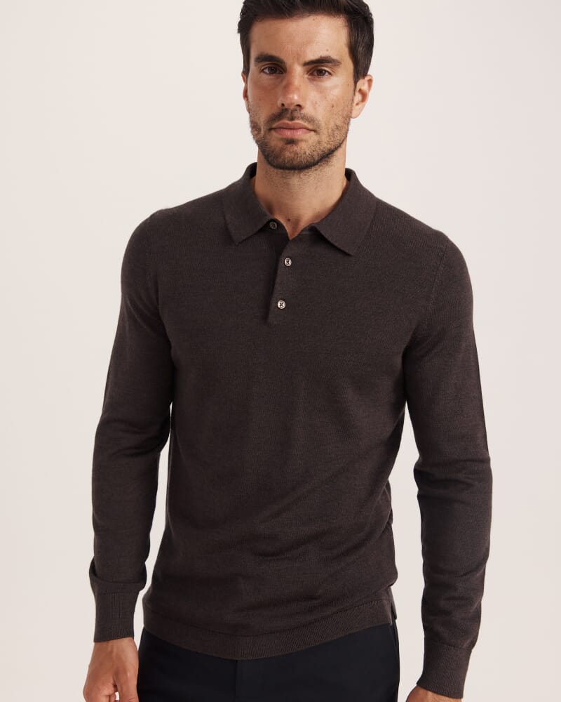 Franklin Merino Wool Long Sleeve Polo in ESPRESSO