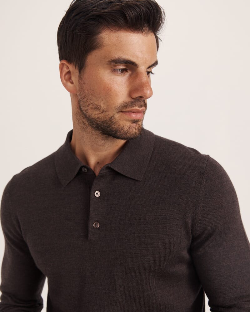 Franklin Merino Wool Long Sleeve Polo in ESPRESSO