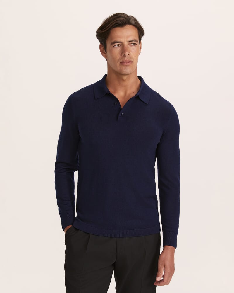 Franklin Merino Wool Long Sleeve Polo in NAVY