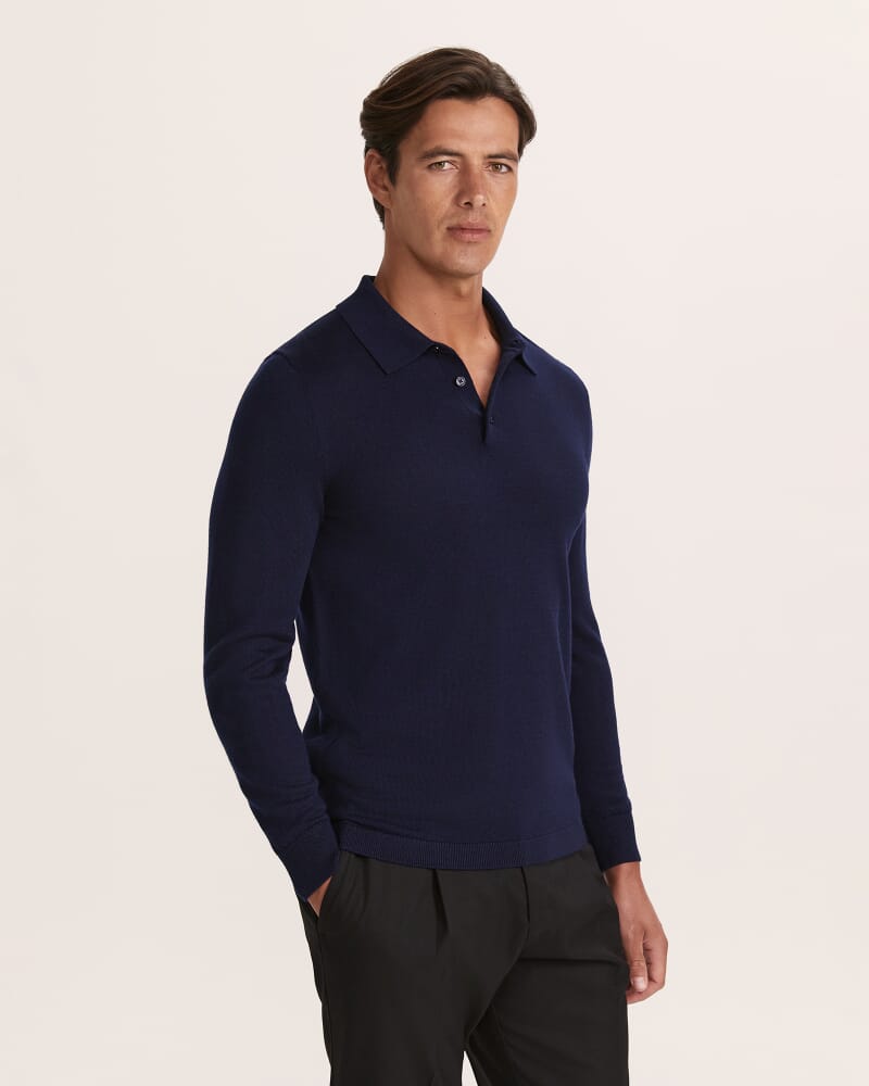 Franklin Merino Wool Long Sleeve Polo in NAVY