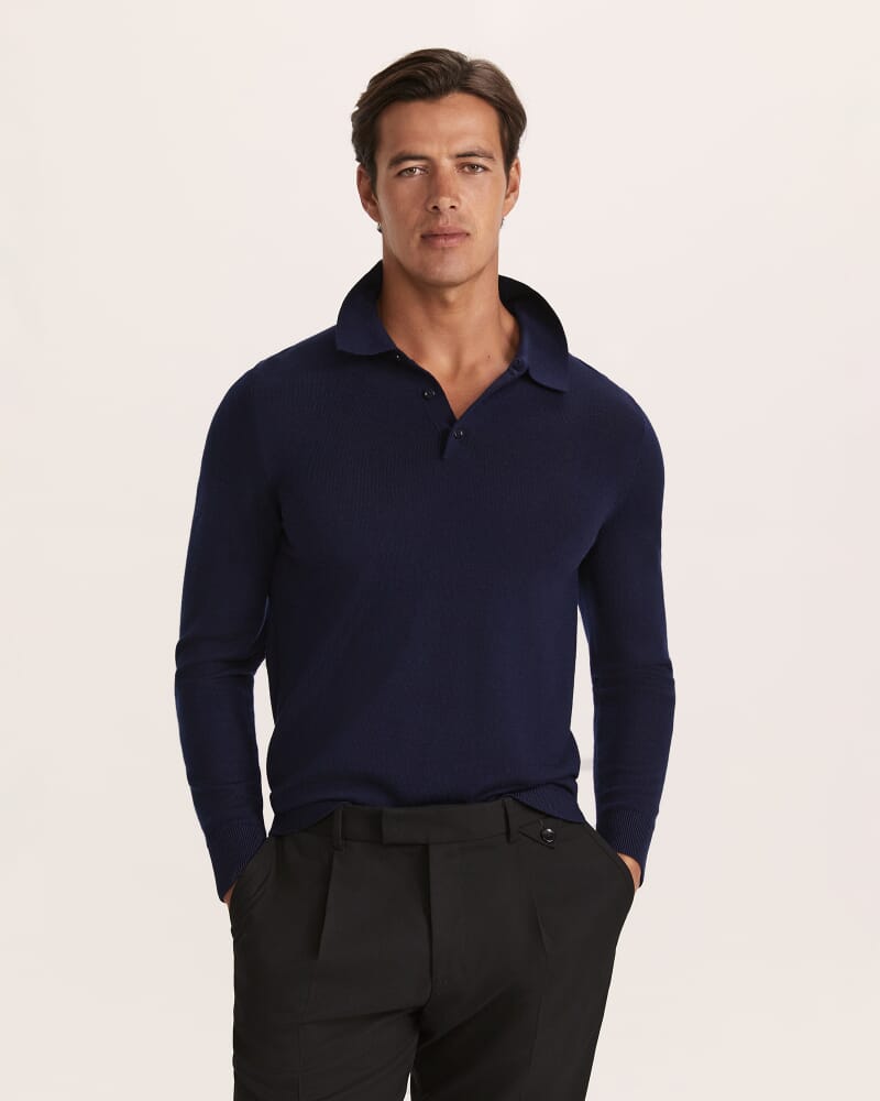 Franklin Merino Wool Long Sleeve Polo in NAVY