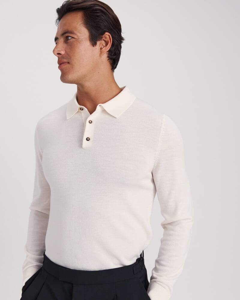 Franklin Merino Wool Long Sleeve Polo in OFF WHITE