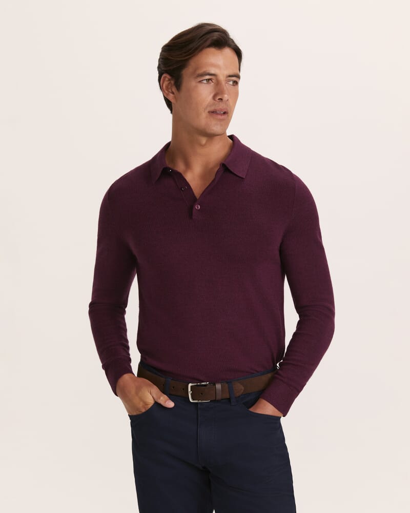 Franklin Merino Wool Long Sleeve Polo in WINE