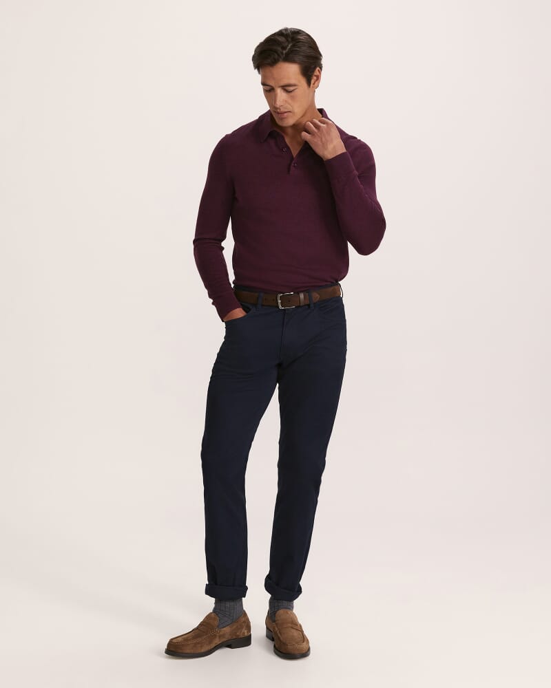 Franklin Merino Wool Long Sleeve Polo in WINE