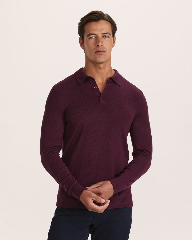 Franklin Merino Wool Long Sleeve Polo in WINE