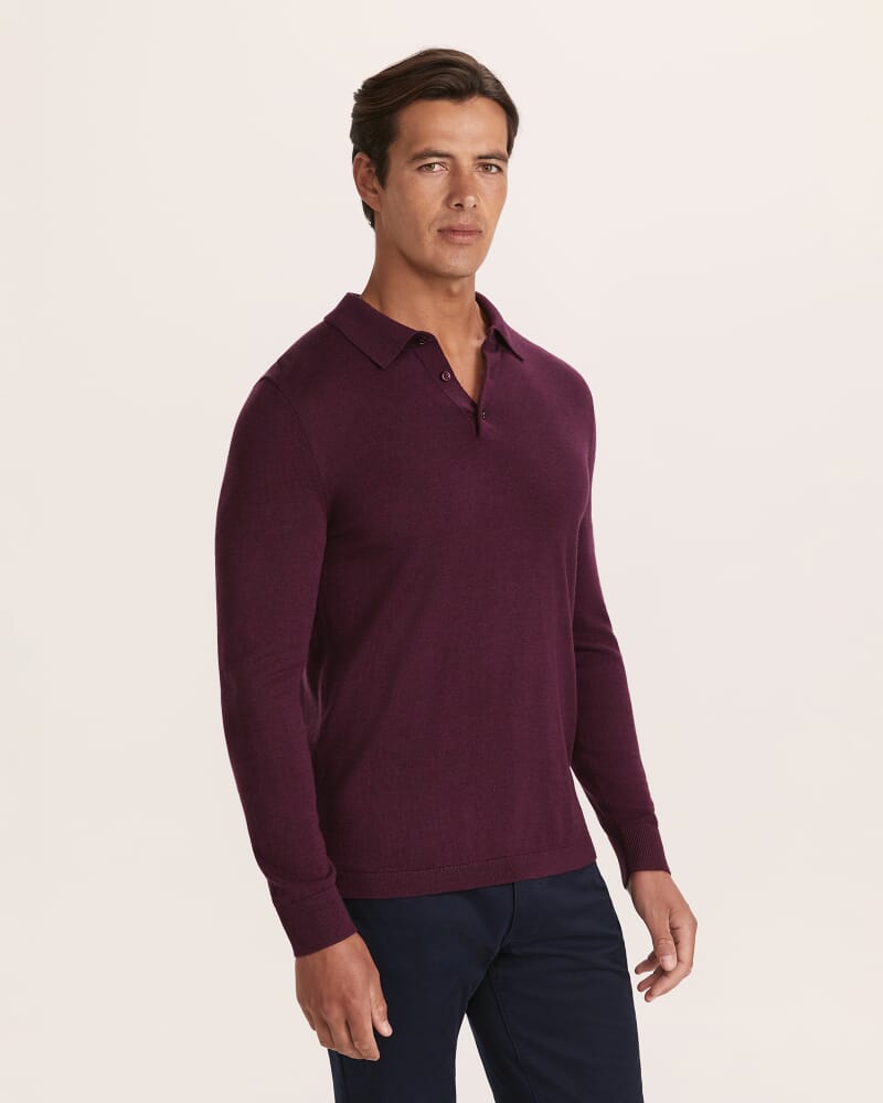 Franklin Merino Wool Long Sleeve Polo in WINE