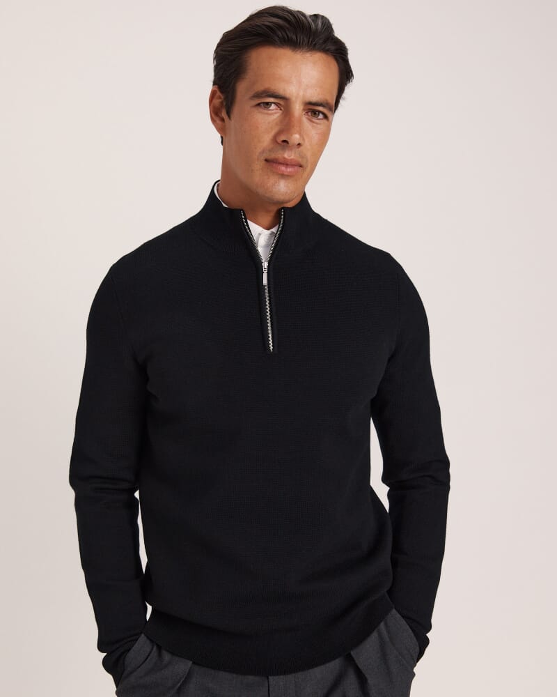 Franklin Quarter Zip Wool Knit Polo in BLACK