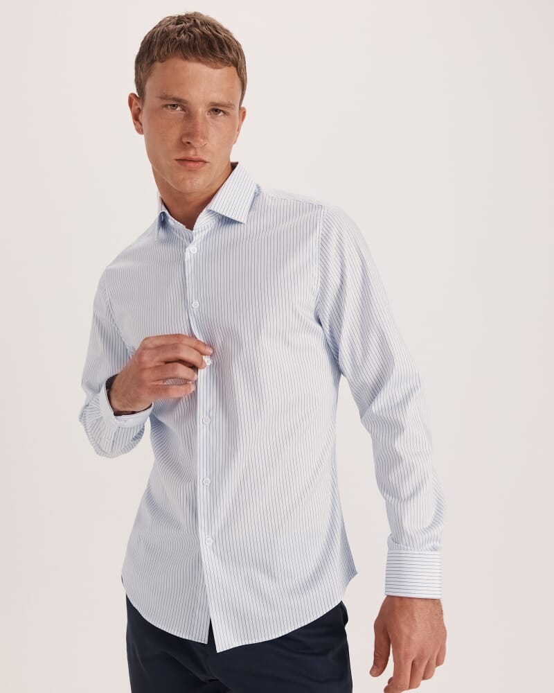 Prince Long Sleeve Tapered Stripe Shirt in SKY/WHITE