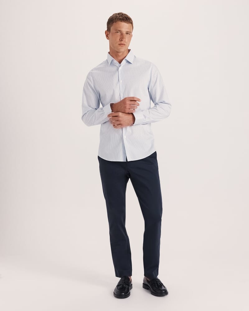 Prince Long Sleeve Tapered Stripe Shirt in SKY/WHITE