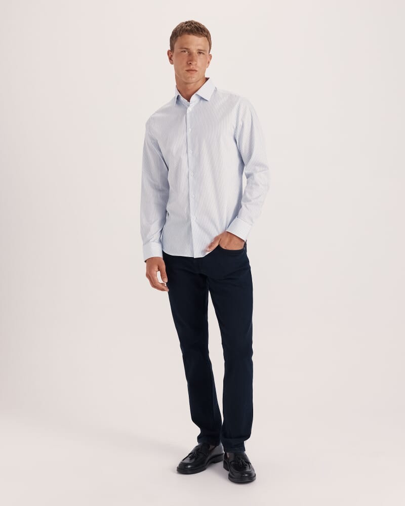 Prince Long Sleeve Tapered Stripe Shirt in SKY/WHITE