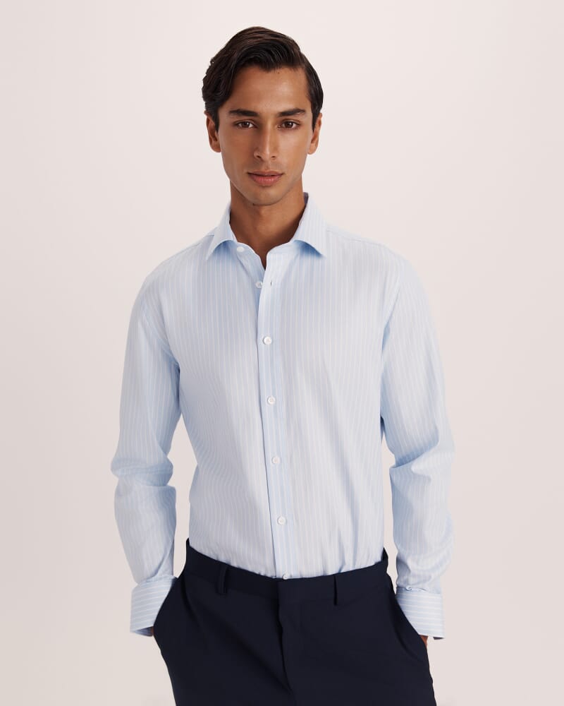 Leon Cotton Stripe Long Sleeve Classic Shirt in SKY/WHITE