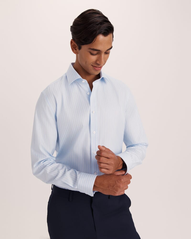 Leon Cotton Stripe Long Sleeve Classic Shirt in SKY/WHITE