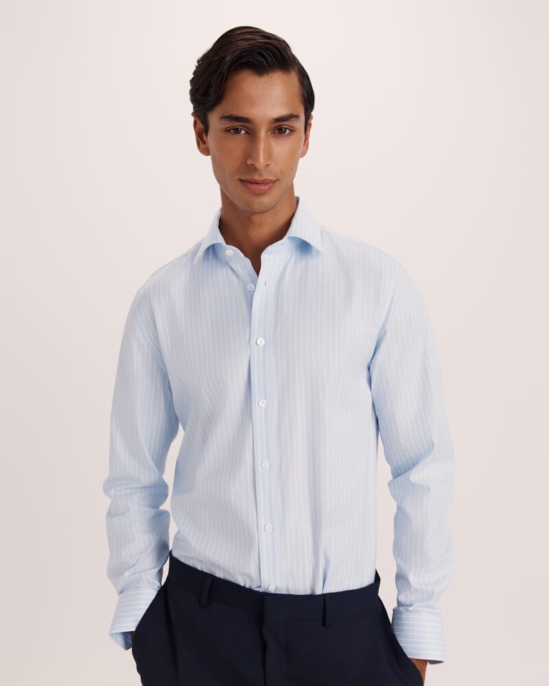 Leon Cotton Stripe Long Sleeve Classic Shirt in SKY/WHITE