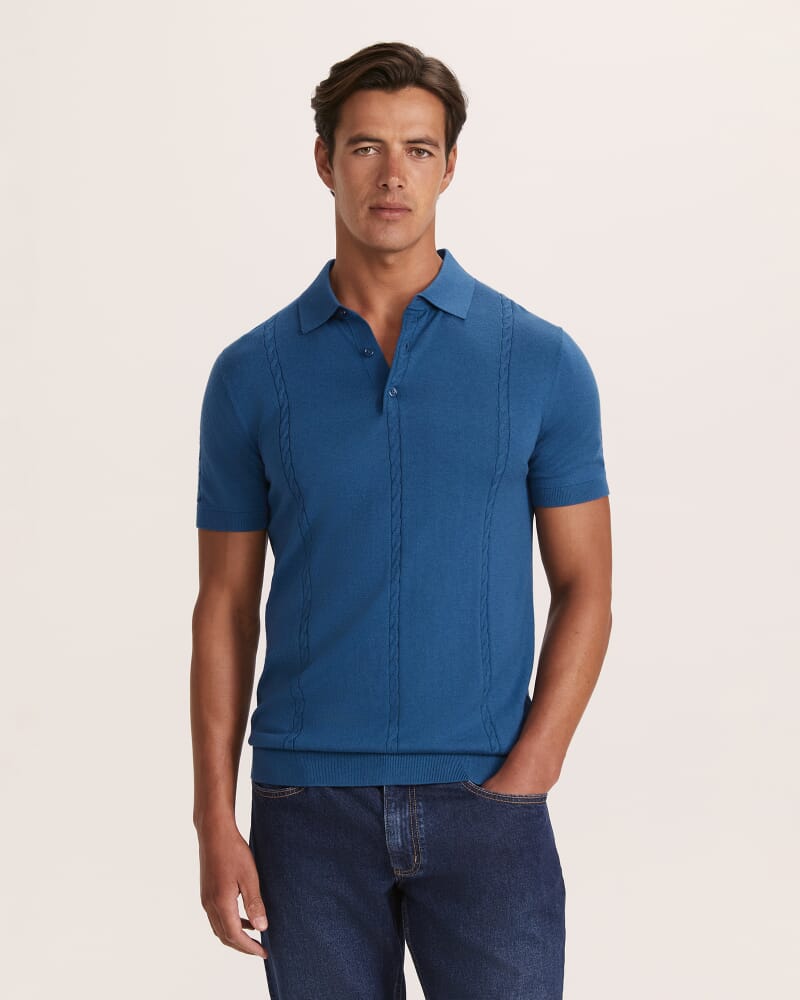 Miramar Cable Knit Cotton Blend Polo in MID BLUE