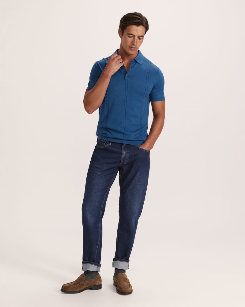 Miramar Cable Knit Cotton Blend Polo in MID BLUE