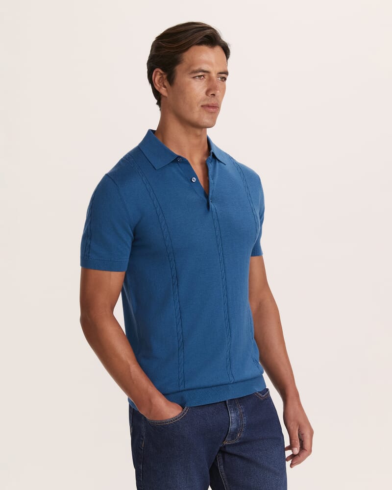 Miramar Cable Knit Cotton Blend Polo in MID BLUE