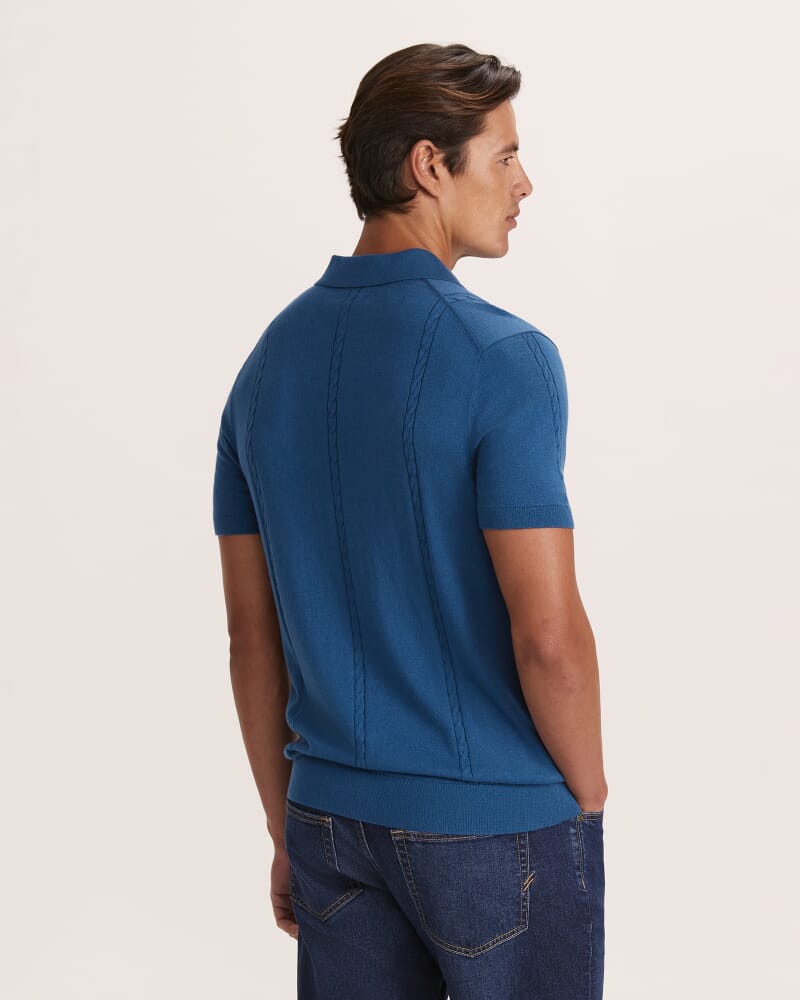 Miramar Cable Knit Cotton Blend Polo in MID BLUE