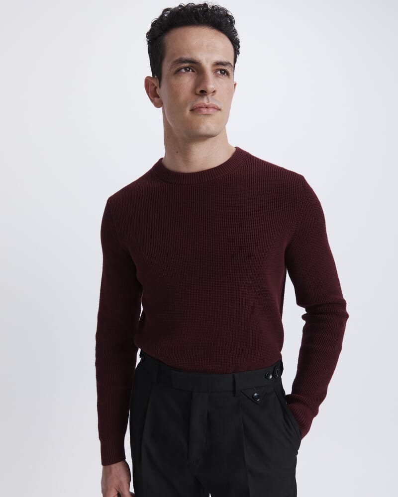 Angus Textured Cotton Crew Knit in WINE