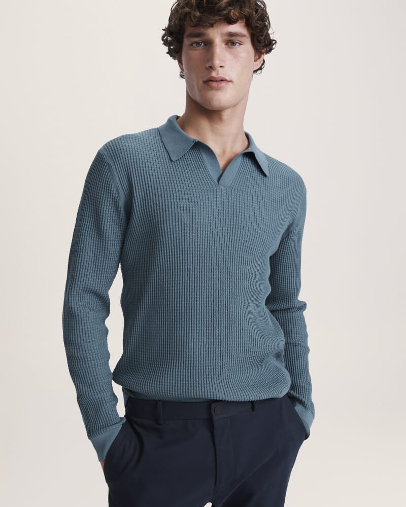 Monte Long Sleeve Waffle Knit Polo in PETROL