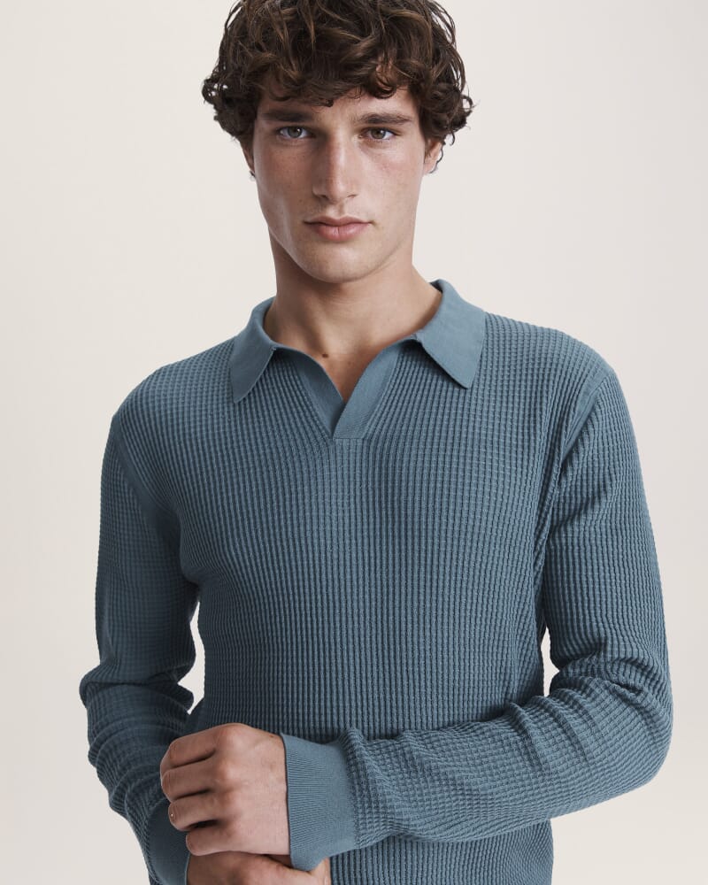 Monte Long Sleeve Waffle Knit Polo in PETROL