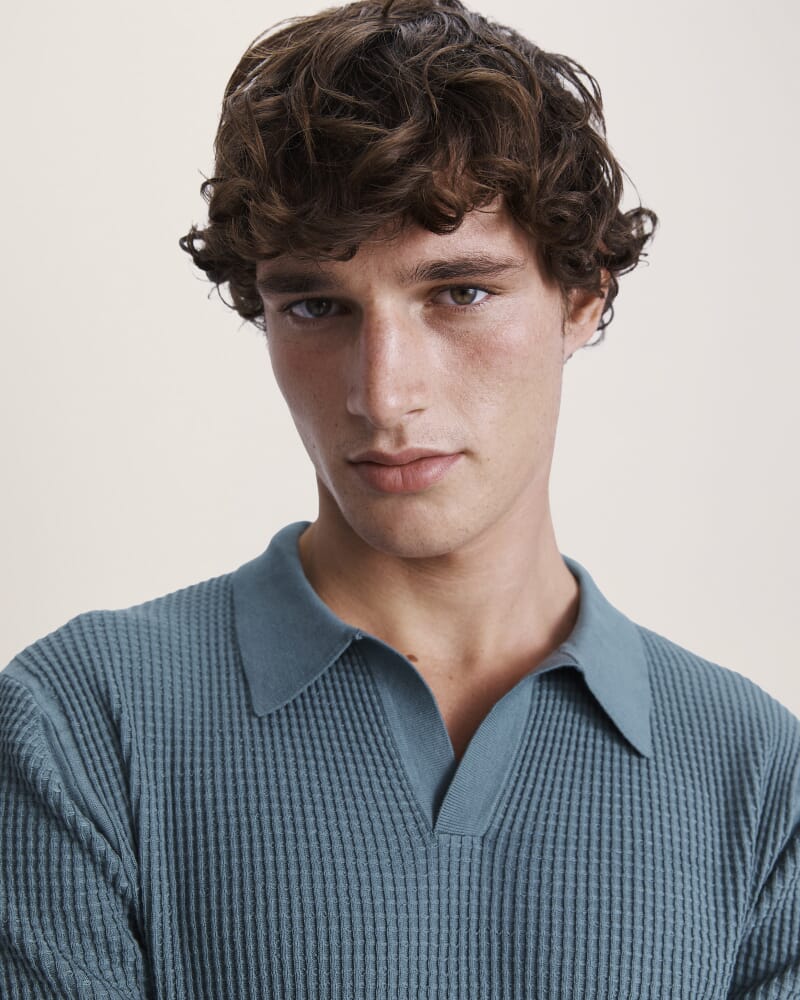 Monte Long Sleeve Waffle Knit Polo in PETROL