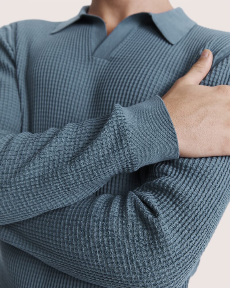 Monte Long Sleeve Waffle Knit Polo in PETROL