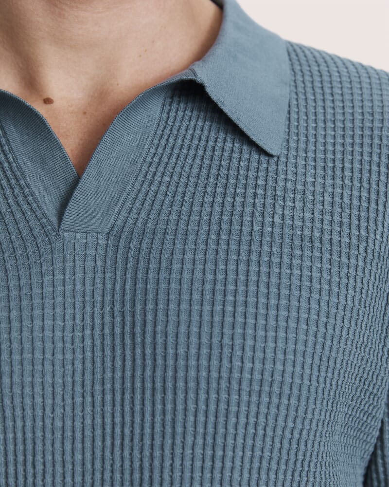 Monte Long Sleeve Waffle Knit Polo in PETROL