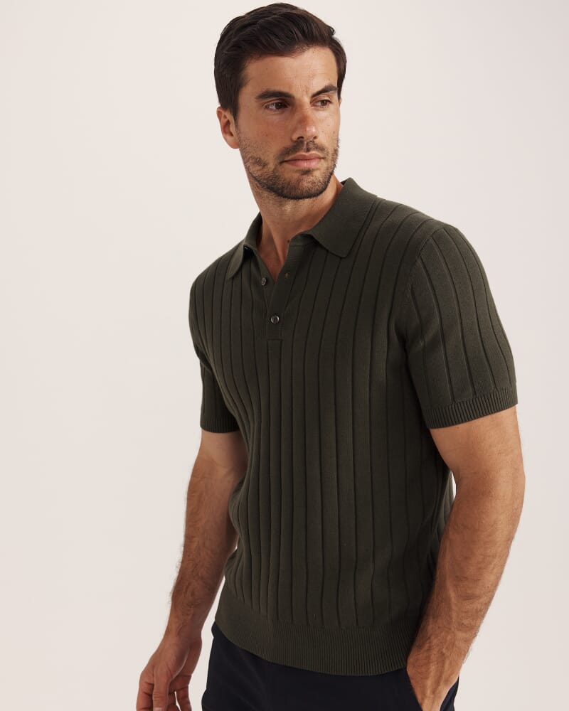 Erol Cotton Rib Knit Polo in FATIGUE