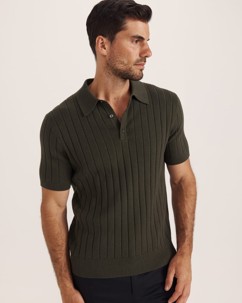 Erol Cotton Rib Knit Polo in FATIGUE
