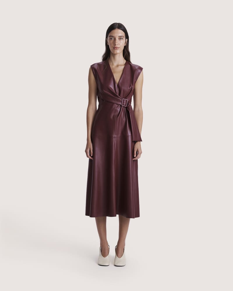Mimi Vegan Leather Wrap Dress in VINO