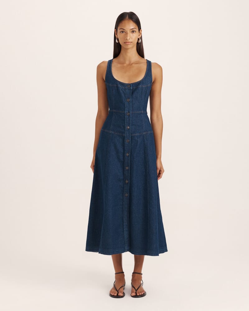 Cara Denim Midi Dress in BLUE/BLACK WASH
