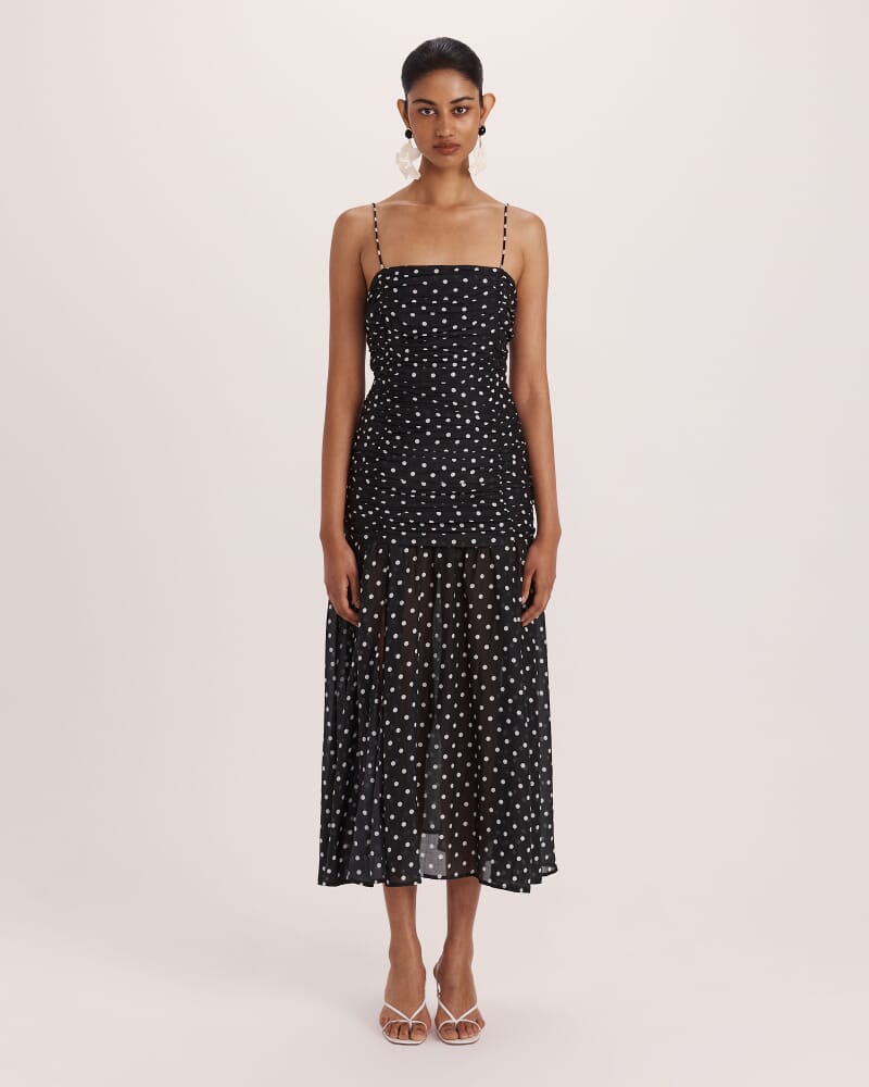 Tilda Rouched Midi Dress in BLACK/IVORY