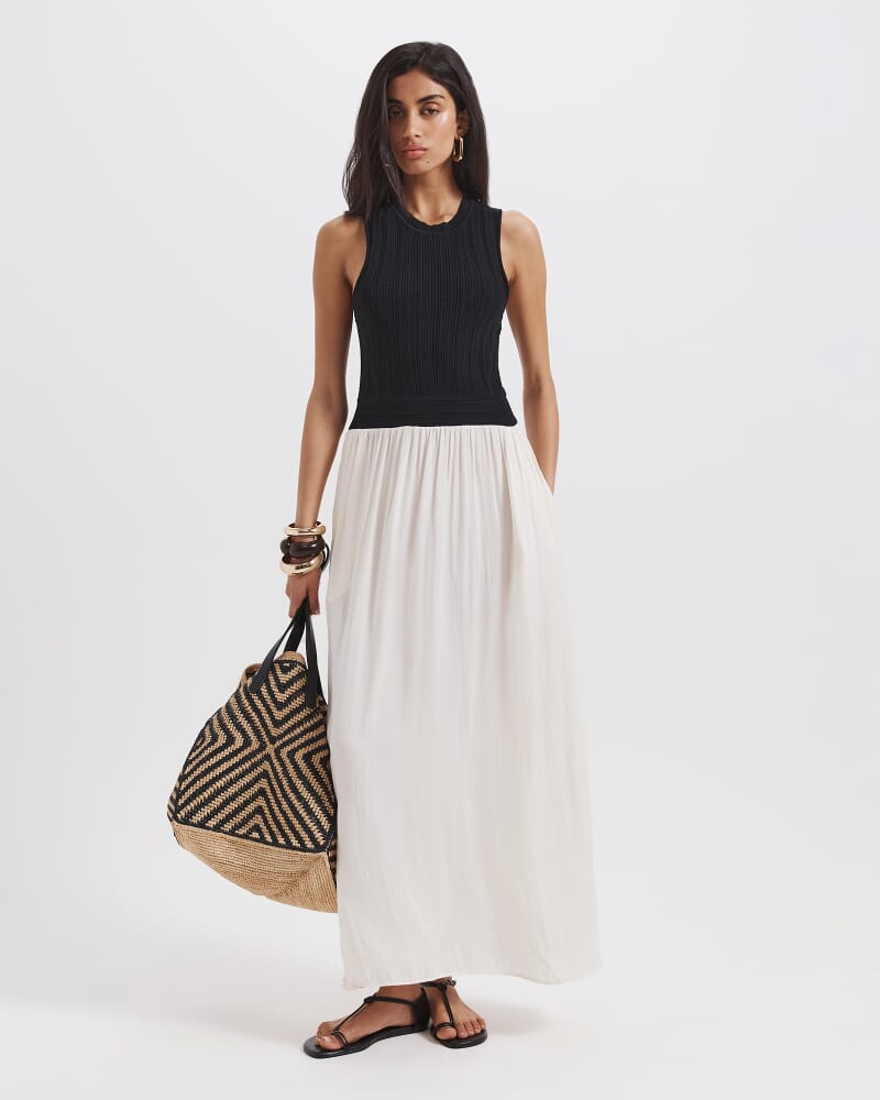 Lillian Mixed Media Midi Dress in BLACK/WHITE
