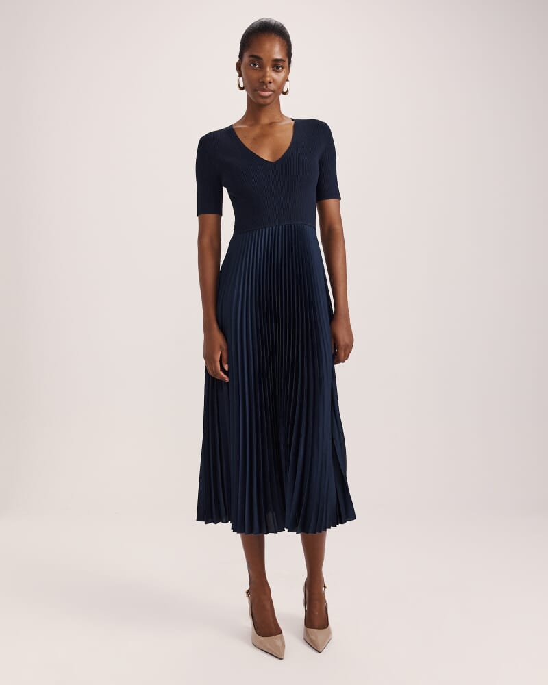 Vicky V Neck Mixed Media Dress in NAVY