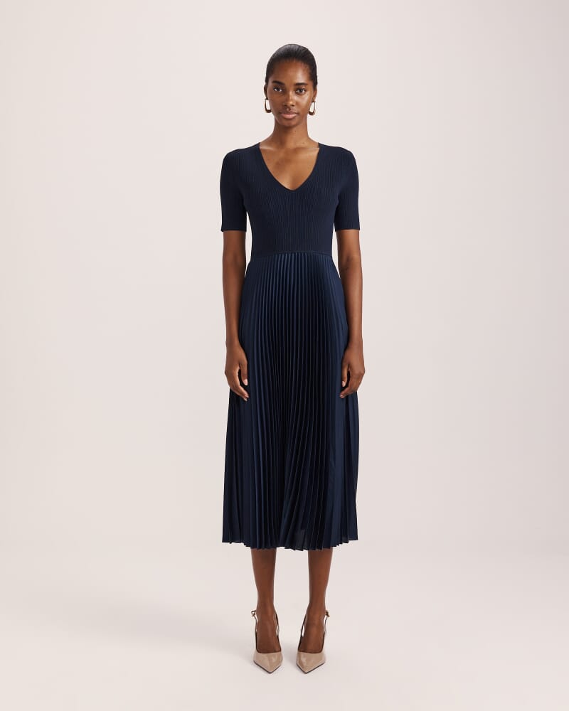 Vicky V Neck Mixed Media Dress in NAVY