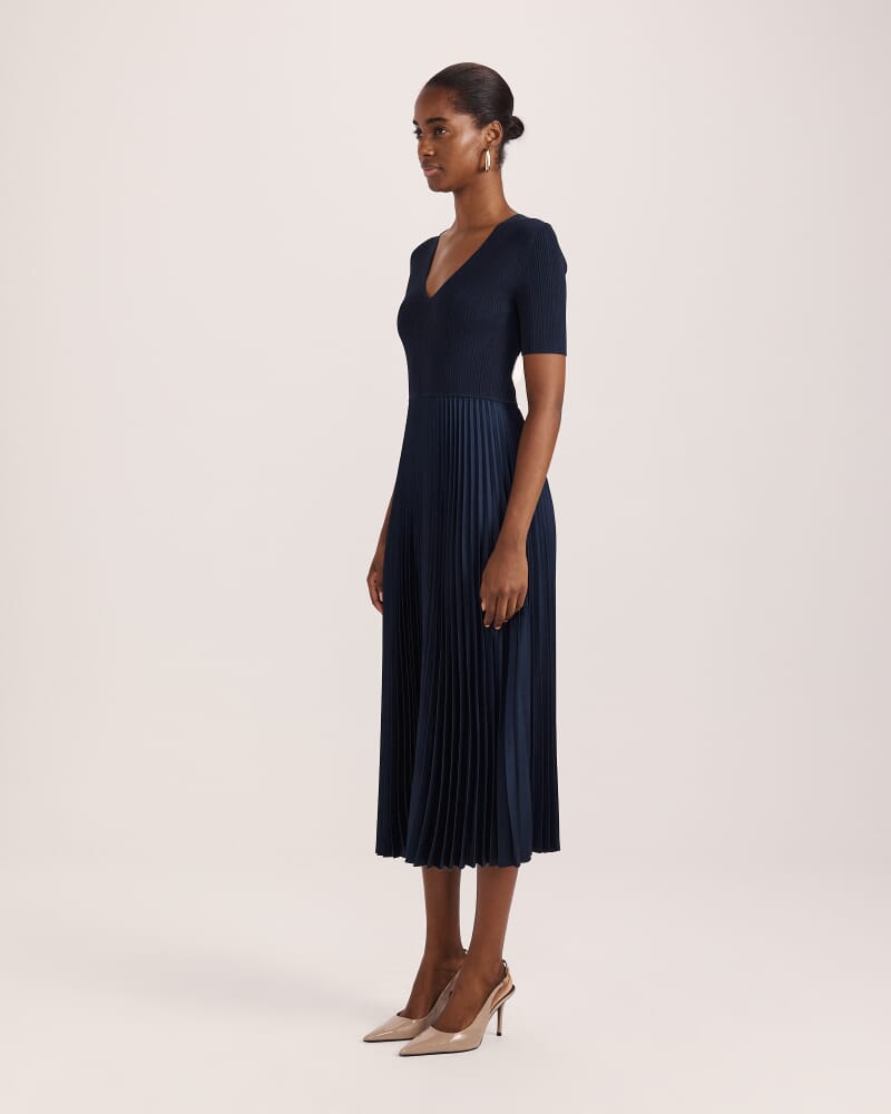 Vicky V Neck Mixed Media Dress in NAVY