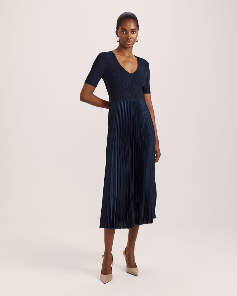 Vicky V Neck Mixed Media Dress in NAVY