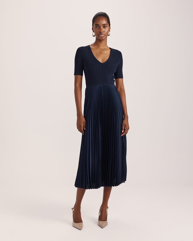 Vicky V Neck Mixed Media Dress in NAVY