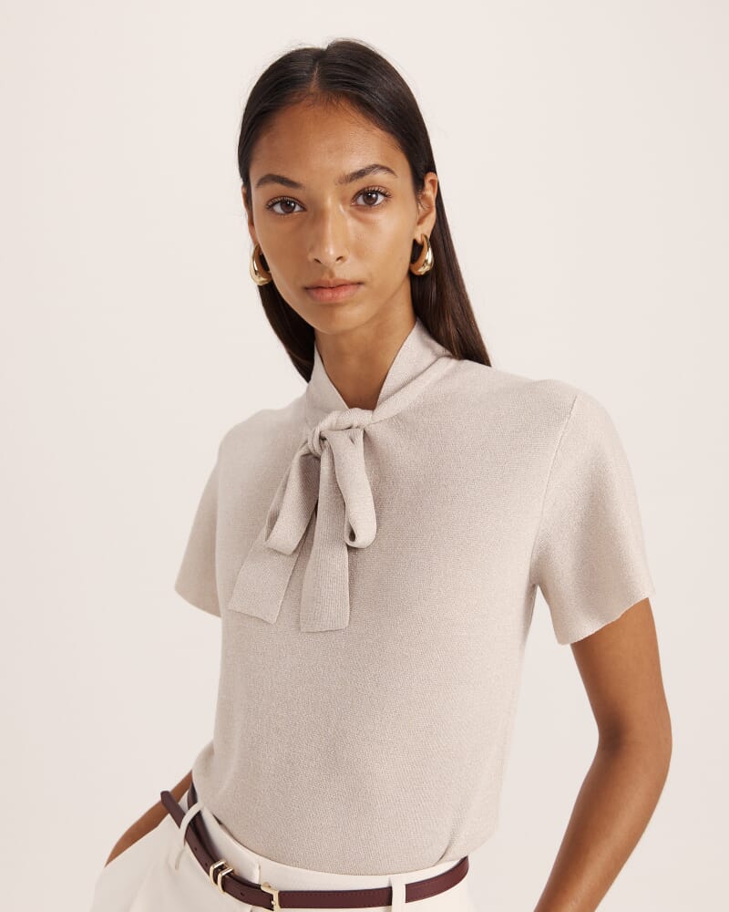 Mariya Metallic Tie Neck Knit in CHAMPAGNE