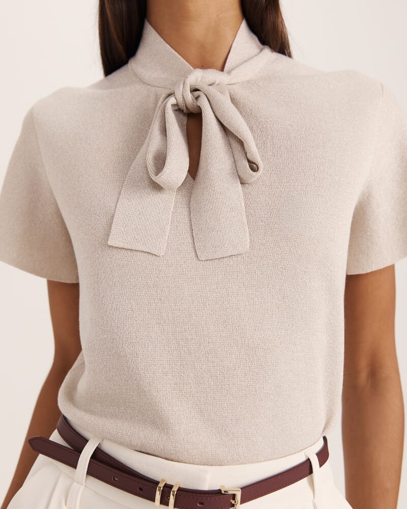 Mariya Metallic Tie Neck Knit in CHAMPAGNE