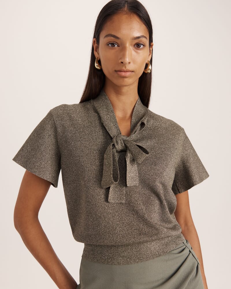 Mariya Metallic Tie Neck Knit in DARK OLIVE