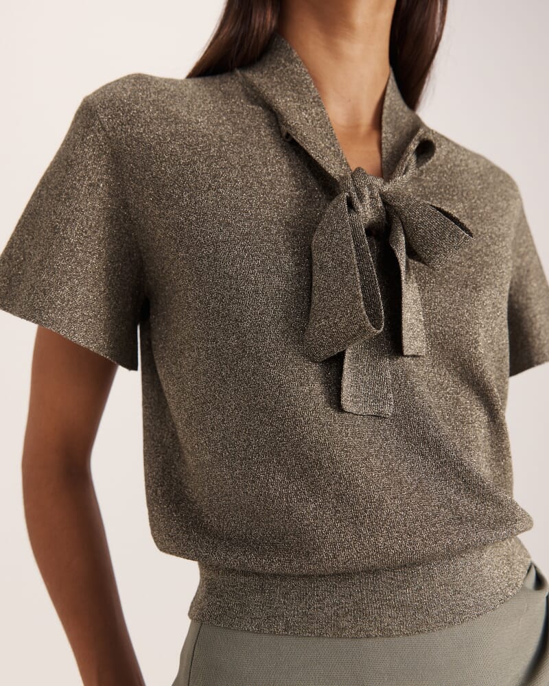 Mariya Metallic Tie Neck Knit in DARK OLIVE