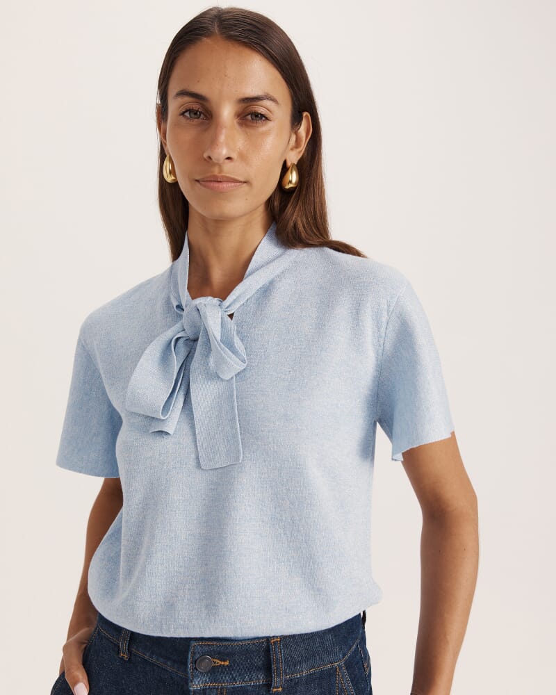 Mariya Metallic Tie Neck Knit in ICE BLUE