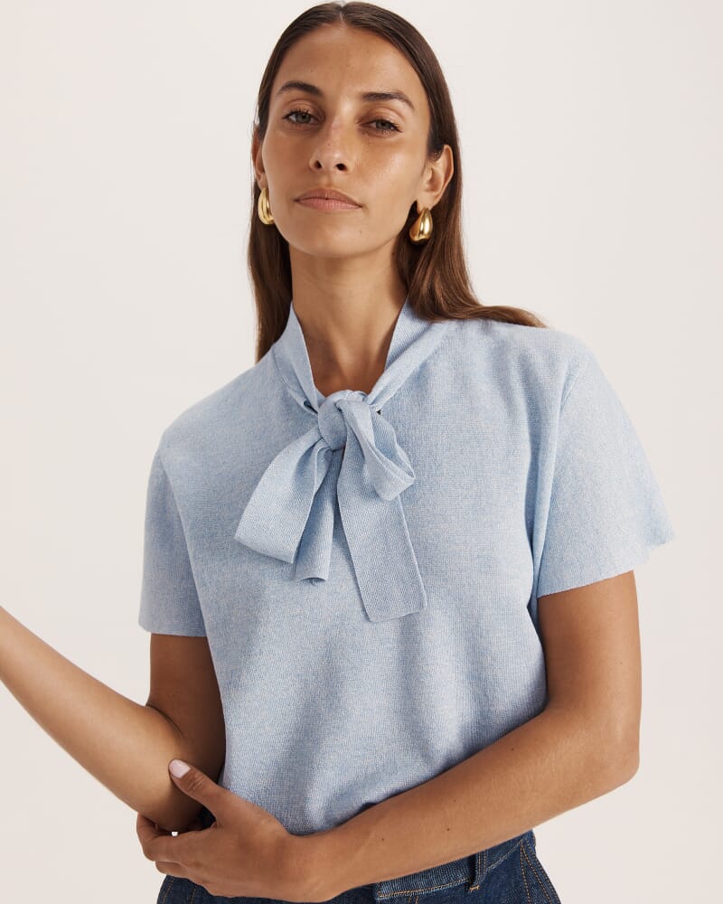 Mariya Metallic Tie Neck Knit in ICE BLUE