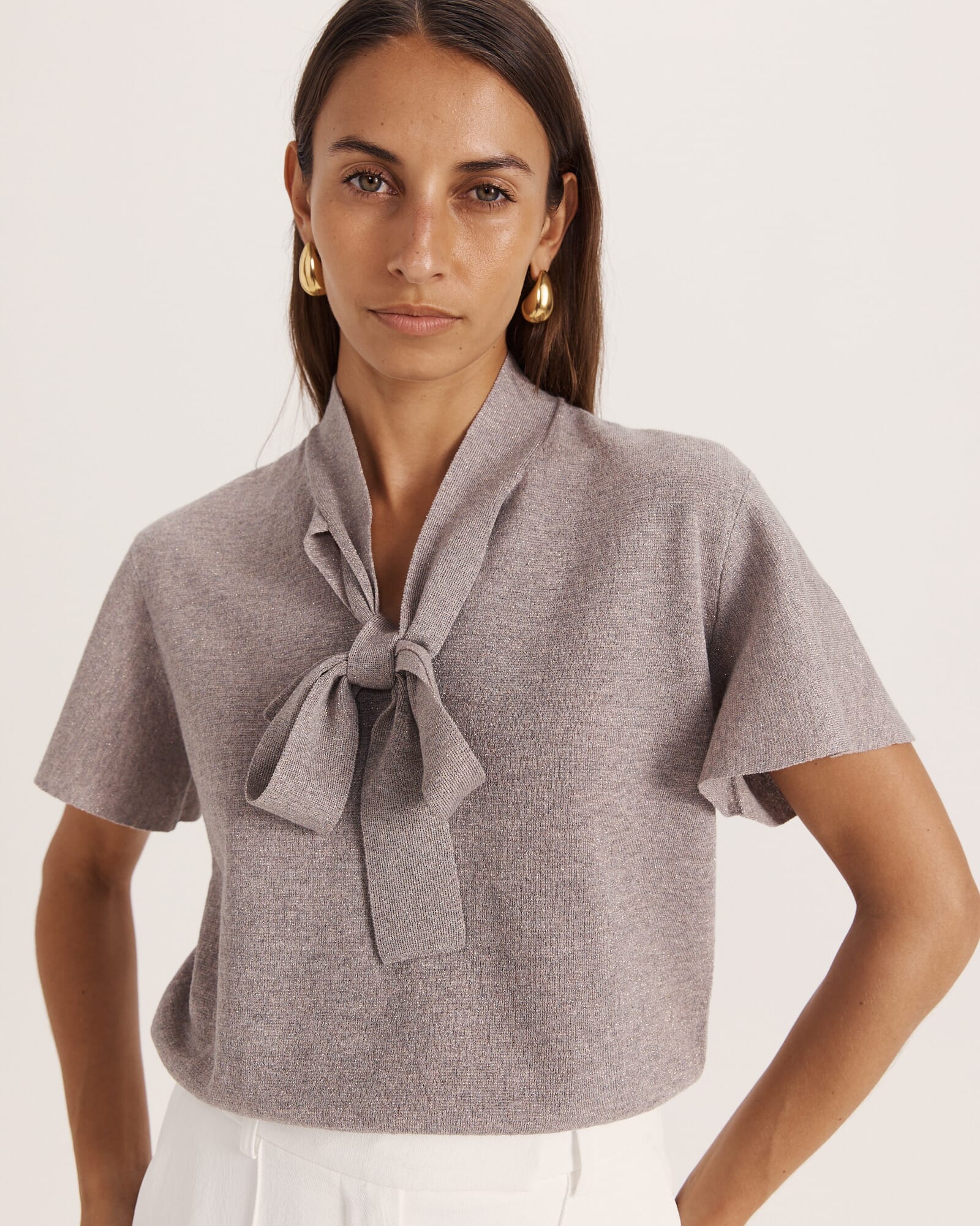 Mariya Metallic Tie Neck Knit