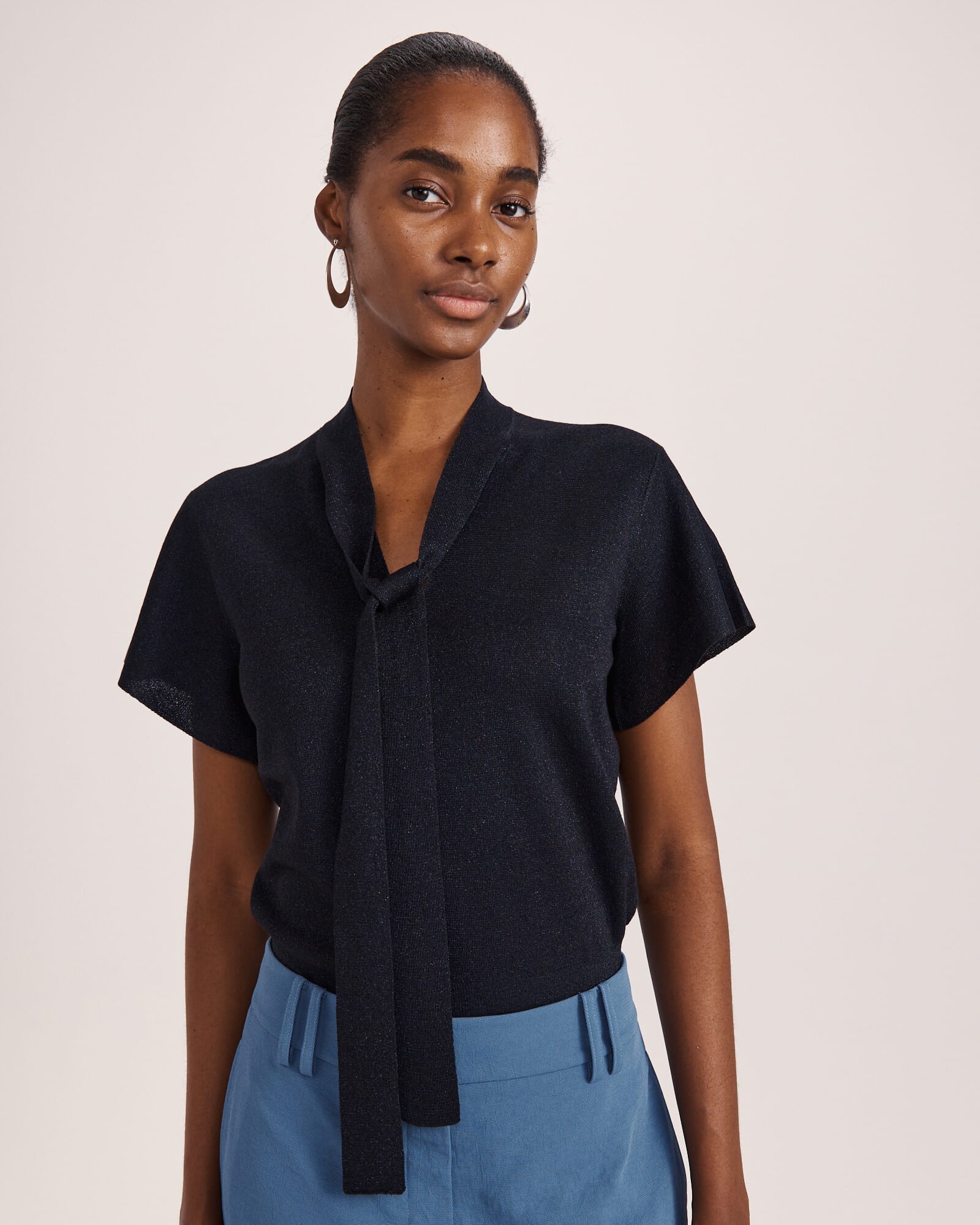 Mariya Metallic Tie Neck Knit