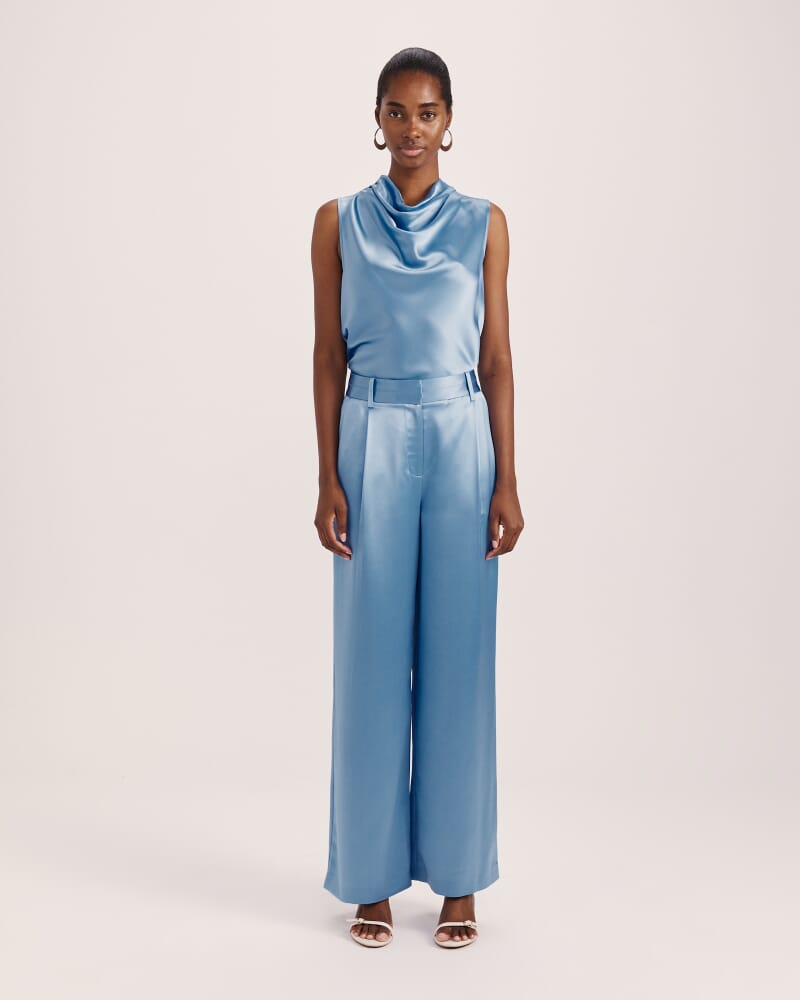 Sallee Satin Pleat Front Pant in BLUE AZURE